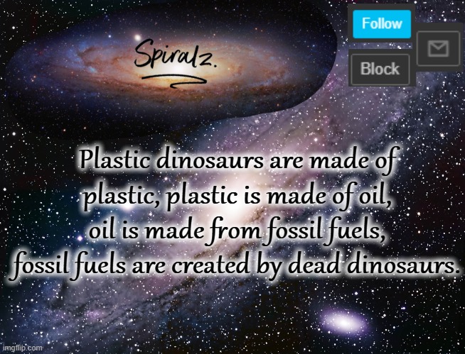 Plastic dinosaurs are made of plastic, plastic is made of oil, oil is made from fossil fuels, fossil fuels are created by dead dinosaurs. | image tagged in spiralz galaxy template | made w/ Imgflip meme maker