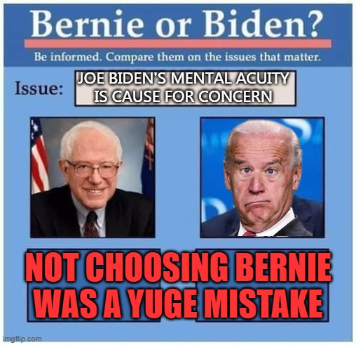 Not Choosing Bernie Was A Yuge Mistake | JOE BIDEN'S MENTAL ACUITY
IS CAUSE FOR CONCERN; NOT CHOOSING BERNIE WAS A YUGE MISTAKE | image tagged in bernie or biden | made w/ Imgflip meme maker
