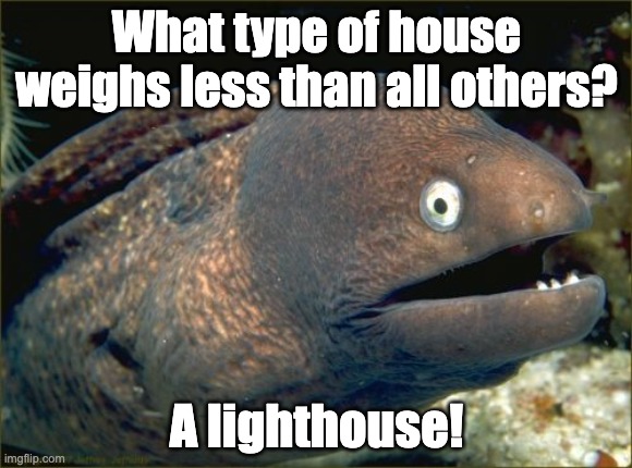 Bad Joke Eel | What type of house weighs less than all others? A lighthouse! | image tagged in memes,bad joke eel | made w/ Imgflip meme maker