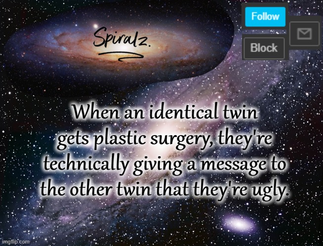When an identical twin gets plastic surgery, they're technically giving a message to the other twin that they're ugly. | image tagged in spiralz galaxy template | made w/ Imgflip meme maker