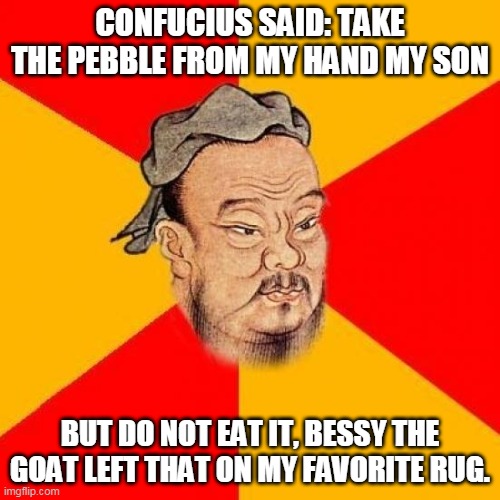 Take the pebble from my hand |  CONFUCIUS SAID: TAKE THE PEBBLE FROM MY HAND MY SON; BUT DO NOT EAT IT, BESSY THE GOAT LEFT THAT ON MY FAVORITE RUG. | image tagged in confucius says | made w/ Imgflip meme maker