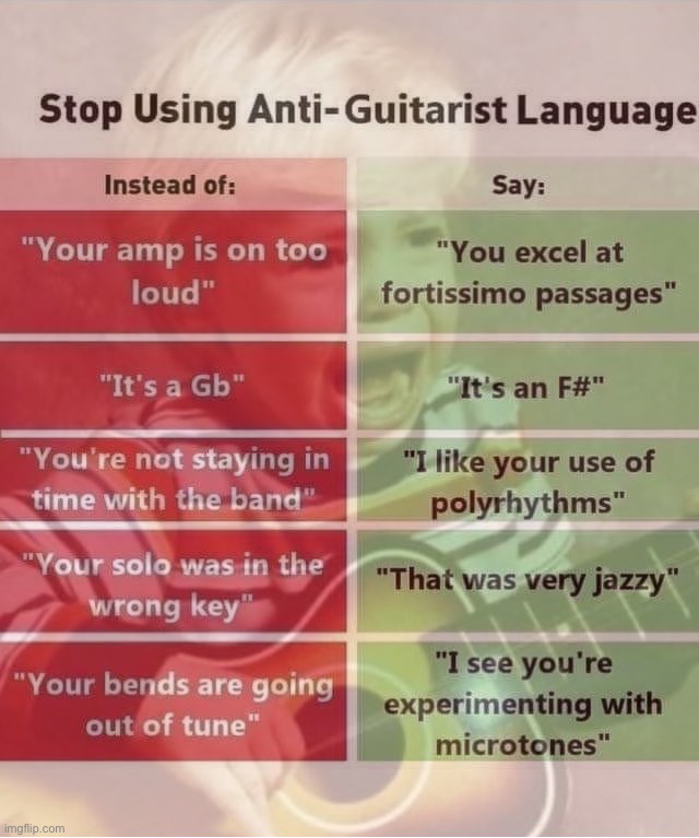 Don’t hurt the kid’s feelings — stop using anti-guitarist language! | image tagged in anti-guitarist language,guitar,guitarist,music,language,funny memes | made w/ Imgflip meme maker