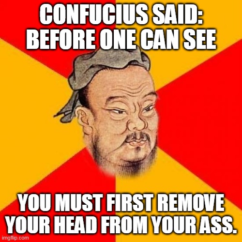 Before you can see |  CONFUCIUS SAID: BEFORE ONE CAN SEE; YOU MUST FIRST REMOVE YOUR HEAD FROM YOUR ASS. | image tagged in confucius says | made w/ Imgflip meme maker