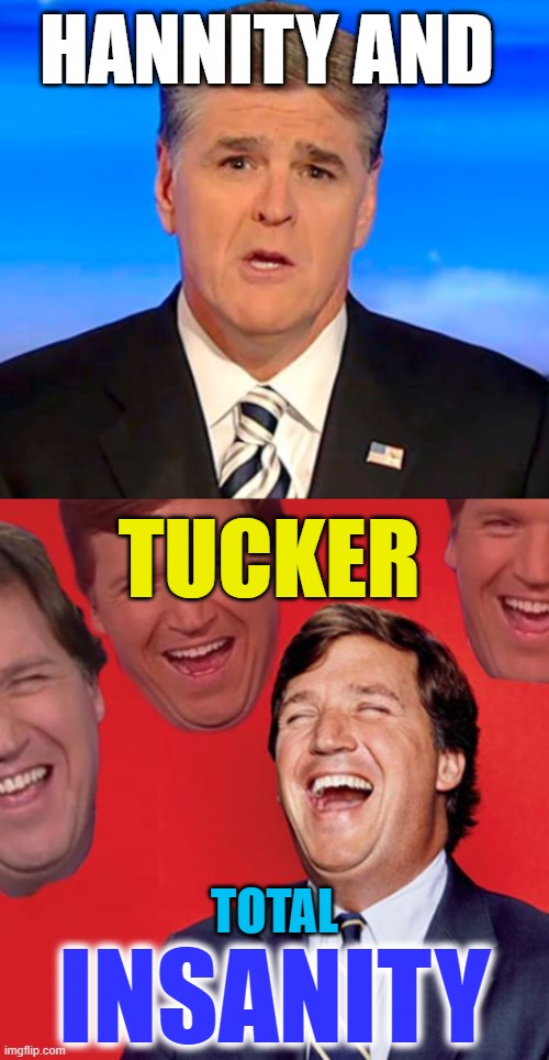 sean hannity tucker carlson laughing at you suckers |  HANNITY AND; TUCKER; TOTAL; INSANITY | image tagged in sean hannity tucker carlson laughing,clown car republicans,republicans laughing,qanon,white supremacists | made w/ Imgflip meme maker