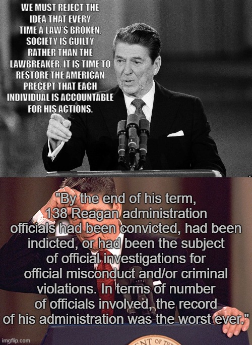 Reagan ran a criminal administration! | WE MUST REJECT THE
IDEA THAT EVERY
TIME A LAW’S BROKEN,
SOCIETY IS GUILTY RATHER THAN THE LAWBREAKER. IT IS TIME TO
RESTORE THE AMERICAN
PRECEPT THAT EACH
INDIVIDUAL IS ACCOUNTABLE
FOR HIS ACTIONS. "By the end of his term, 138 Reagan administration officials had been convicted, had been indicted, or had been the subject of official investigations for official misconduct and/or criminal violations. In terms of number of officials involved, the record of his administration was the worst ever." | image tagged in ronald reagan,criminal,criminals,conservative hypocrisy,republicans,indictment | made w/ Imgflip meme maker