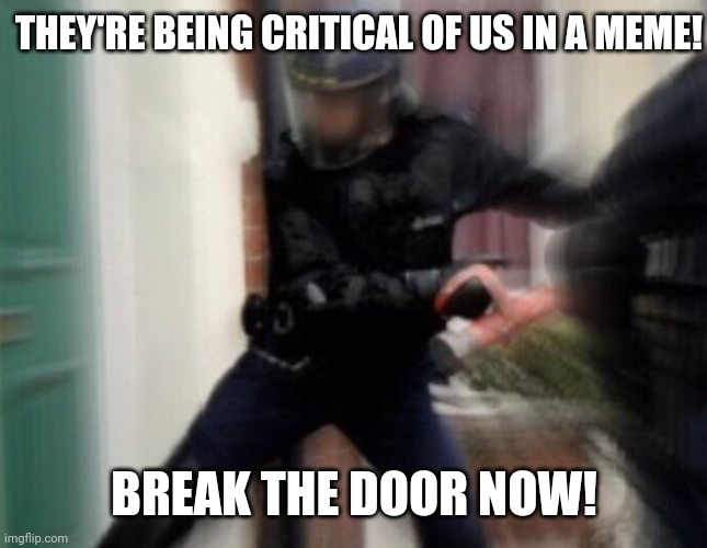 FBI Door Breach | THEY'RE BEING CRITICAL OF US IN A MEME! BREAK THE DOOR NOW! | image tagged in fbi door breach | made w/ Imgflip meme maker