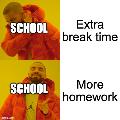 schools rules | Extra break time; SCHOOL; More homework; SCHOOL | image tagged in memes,drake hotline bling | made w/ Imgflip meme maker