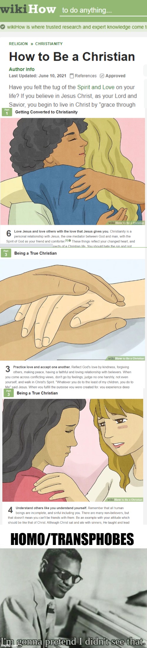 Next time I see a "Christian" being a homophobe, I ain't gonna believe 'em for a second! | HOMO/TRANSPHOBES | image tagged in i'm gonna pretend i didn't see that,homophobe,transphobic,christianity,memes,wikihow | made w/ Imgflip meme maker