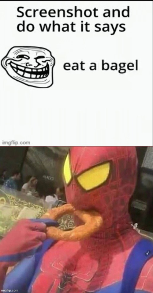 eating a bagel in the morning | image tagged in spiderman eating donut | made w/ Imgflip meme maker