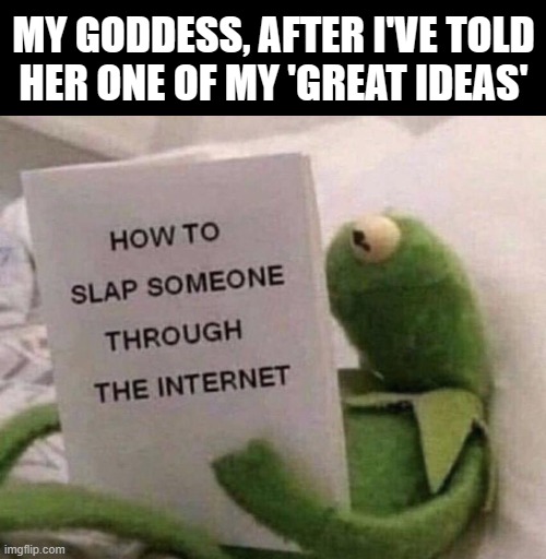 Slap someone through the internet Findom | MY GODDESS, AFTER I'VE TOLD
HER ONE OF MY 'GREAT IDEAS' | image tagged in kermit how to slap someone through the internet,memes | made w/ Imgflip meme maker