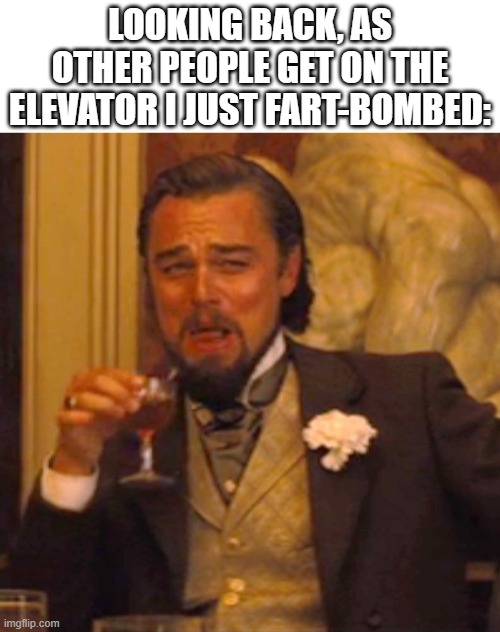 Leonardo dicaprio django laugh | LOOKING BACK, AS OTHER PEOPLE GET ON THE ELEVATOR I JUST FART-BOMBED: | image tagged in leonardo dicaprio django laugh | made w/ Imgflip meme maker