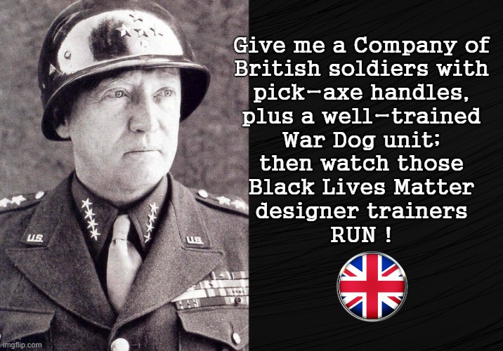 Patton | Give me a Company of
British soldiers with
pick-axe handles,
plus a well-trained
War Dog unit;
then watch those
Black Lives Matter
designer trainers
RUN ! | image tagged in blm | made w/ Imgflip meme maker