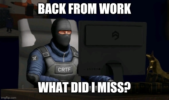 counter-terrorist looking at the computer | BACK FROM WORK; WHAT DID I MISS? | image tagged in computer | made w/ Imgflip meme maker
