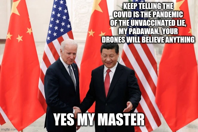 We do not give blind obedience to tyrants | KEEP TELLING THE COVID IS THE PANDEMIC OF THE UNVACCINATED LIE, MY PADAWAN.  YOUR DRONES WILL BELIEVE ANYTHING; YES MY MASTER | image tagged in joe biden and president xi of china,china joe biden,american tyrant,tyrant,evil empire,buy from american owned small business | made w/ Imgflip meme maker