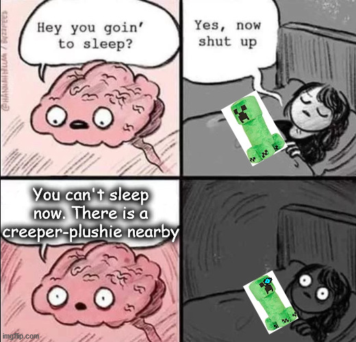 You can't sleep now. ... | You can't sleep now. There is a creeper-plushie nearby | image tagged in waking up brain,sans undertale,sans,minecraft creeper,minecraft | made w/ Imgflip meme maker