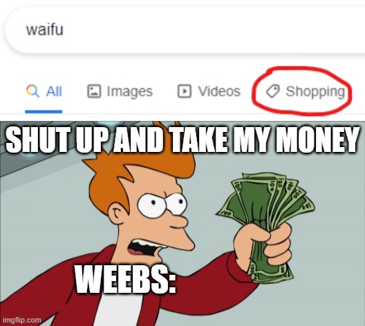 SHUT UP AND TAKE MY MONEY; WEEBS: | image tagged in my best discovey,memes,shut up and take my money fry | made w/ Imgflip meme maker