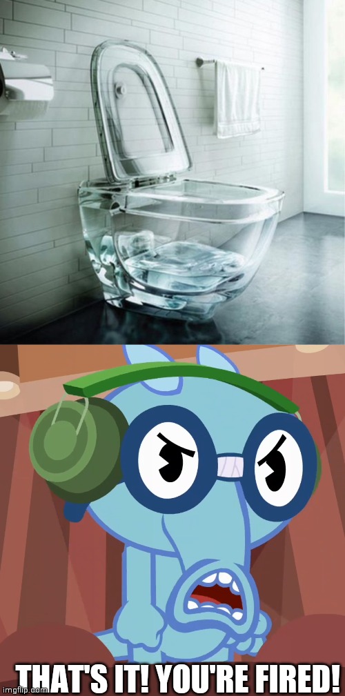 What!? Glass Toilet!? | THAT'S IT! YOU'RE FIRED! | image tagged in glass toilet bowl,pissed-off sniffles htf | made w/ Imgflip meme maker