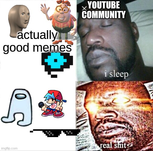 youtube be like | YOUTUBE COMMUNITY; actually good memes | image tagged in memes,sleeping shaq | made w/ Imgflip meme maker