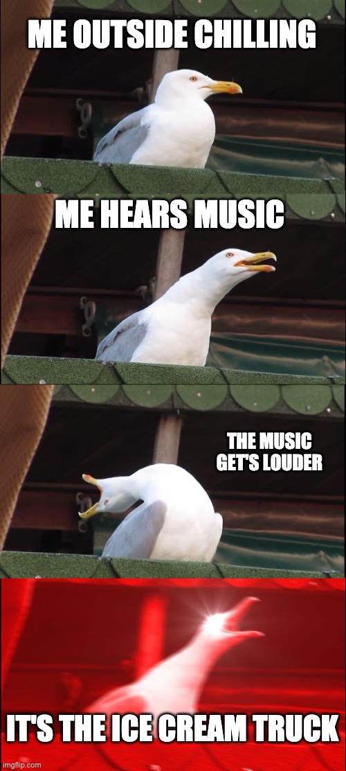 ICE CREAM!! | ME OUTSIDE CHILLING; ME HEARS MUSIC; THE MUSIC GET'S LOUDER; IT'S THE ICE CREAM TRUCK | image tagged in memes,inhaling seagull | made w/ Imgflip meme maker