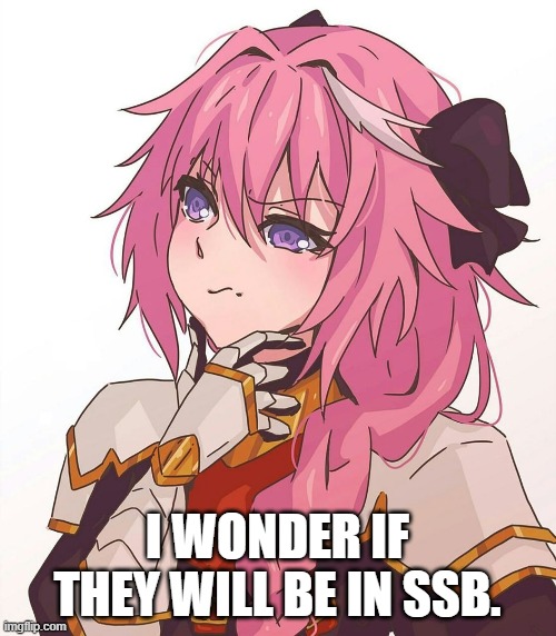 Astolfo hmm meme | I WONDER IF THEY WILL BE IN SSB. | image tagged in astolfo hmm meme | made w/ Imgflip meme maker