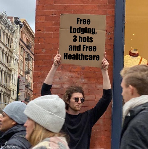 Free Lodging, 3 hots and Free Healthcare | image tagged in memes,guy holding cardboard sign | made w/ Imgflip meme maker