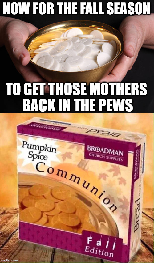 NOW FOR THE FALL SEASON; TO GET THOSE MOTHERS 
BACK IN THE PEWS | image tagged in catholic church | made w/ Imgflip meme maker