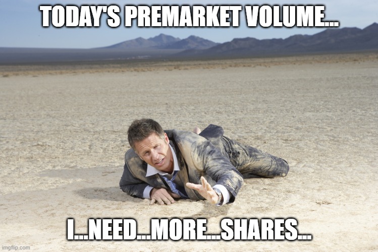 crawling man in desert | TODAY'S PREMARKET VOLUME... I...NEED...MORE...SHARES... | image tagged in crawling man in desert | made w/ Imgflip meme maker