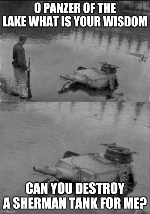 O Panzer do lago | O PANZER OF THE LAKE WHAT IS YOUR WISDOM; CAN YOU DESTROY A SHERMAN TANK FOR ME? | image tagged in o panzer do lago | made w/ Imgflip meme maker