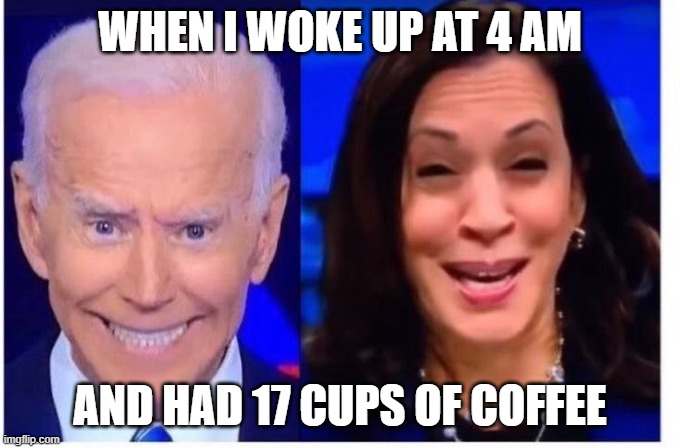 Coffee | WHEN I WOKE UP AT 4 AM; AND HAD 17 CUPS OF COFFEE | image tagged in biden harris | made w/ Imgflip meme maker