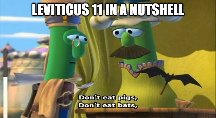 The Bible in brief | LEVITICUS 11 IN A NUTSHELL | image tagged in veggietales knew about covid 19,dank,christian,memes,r/dankchristianmemes | made w/ Imgflip meme maker