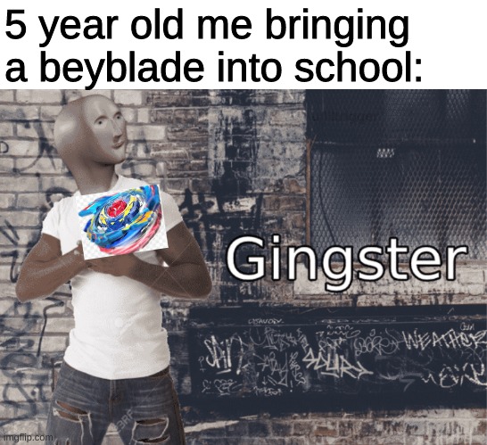beyblades were so cool | 5 year old me bringing a beyblade into school: | image tagged in gingster | made w/ Imgflip meme maker