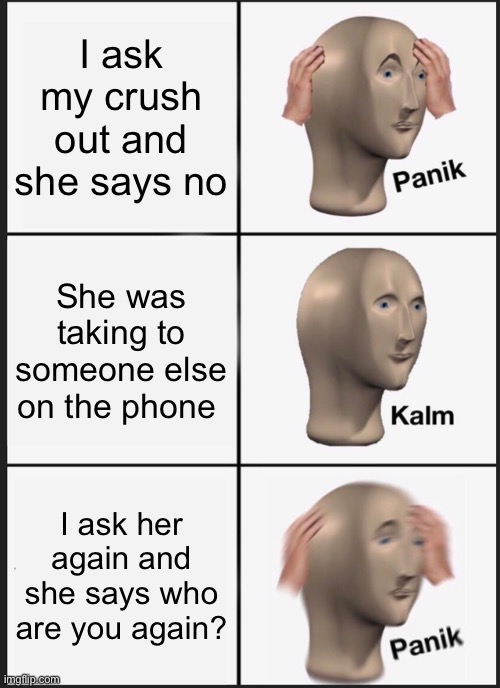 Panik Kalm Panik Meme |  I ask my crush out and she says no; She was taking to someone else on the phone; I ask her again and she says who are you again? | image tagged in memes,panik kalm panik | made w/ Imgflip meme maker
