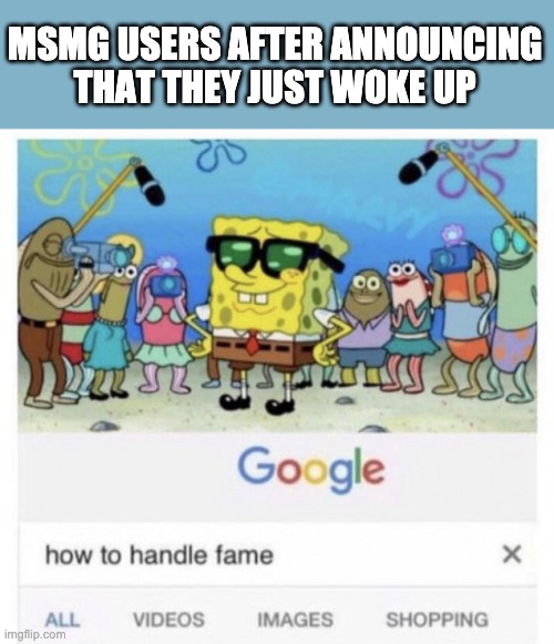 How to handle fame | MSMG USERS AFTER ANNOUNCING THAT THEY JUST WOKE UP | image tagged in how to handle fame | made w/ Imgflip meme maker
