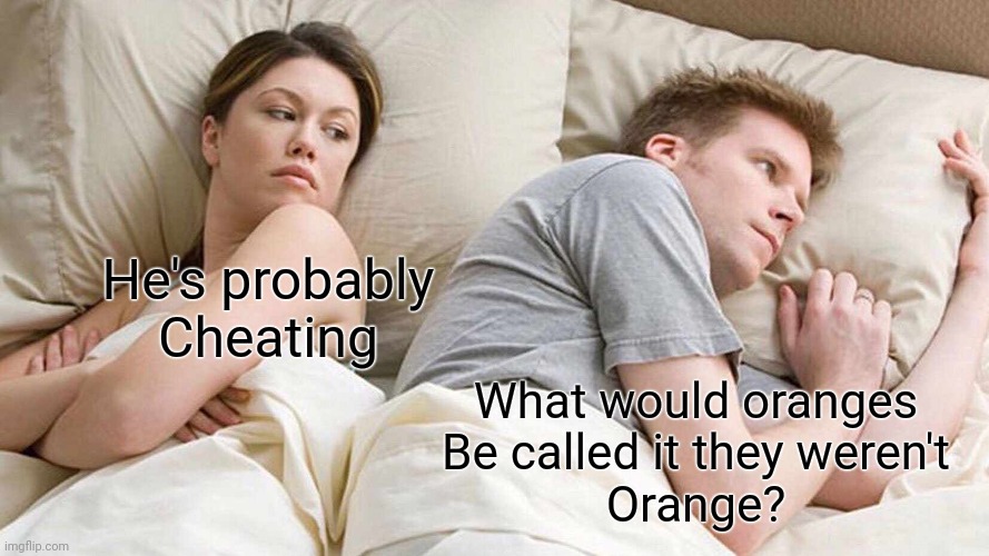What would we called non-orange oranges | He's probably
Cheating; What would oranges
Be called it they weren't
Orange? | image tagged in memes,i bet he's thinking about other women | made w/ Imgflip meme maker