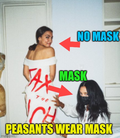 aoc And Her Slave Worker | NO MASK; MASK; PEASANTS WEAR MASK | image tagged in aoc,slave | made w/ Imgflip meme maker