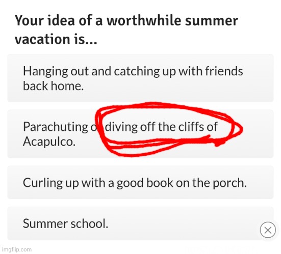 Friend: What are you goingt to do in summer? Me: Driving of cliffs | made w/ Imgflip meme maker