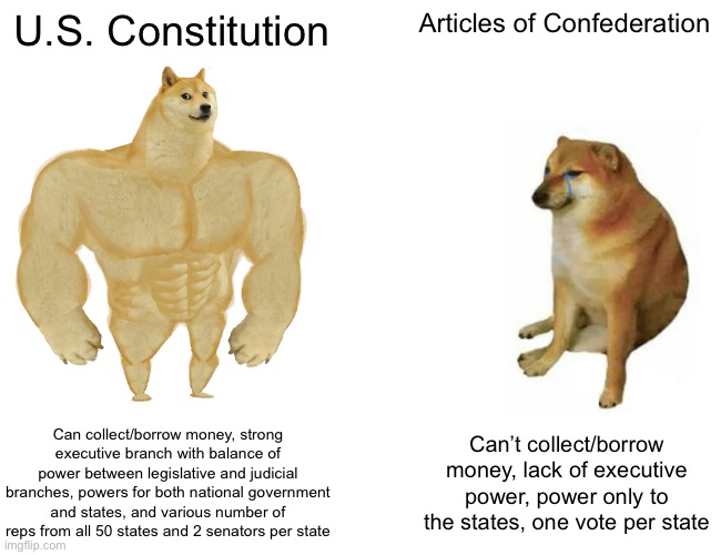 Constitution vs Articles of Confederation | U.S. Constitution; Articles of Confederation; Can collect/borrow money, strong executive branch with balance of power between legislative and judicial branches, powers for both national government and states, and various number of reps from all 50 states and 2 senators per state; Can’t collect/borrow money, lack of executive power, power only to the states, one vote per state | image tagged in memes,buff doge vs cheems,government,founding fathers,constitution | made w/ Imgflip meme maker