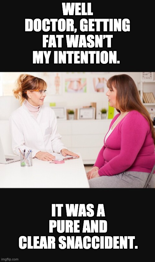 Snack | WELL DOCTOR, GETTING FAT WASN’T MY INTENTION. IT WAS A PURE AND CLEAR SNACCIDENT. | image tagged in doctor patient | made w/ Imgflip meme maker