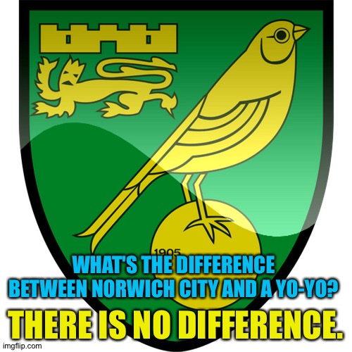 Up and down between the top two football leagues, season after season | WHAT'S THE DIFFERENCE BETWEEN NORWICH CITY AND A YO-YO? THERE IS NO DIFFERENCE. | image tagged in norwich city | made w/ Imgflip meme maker