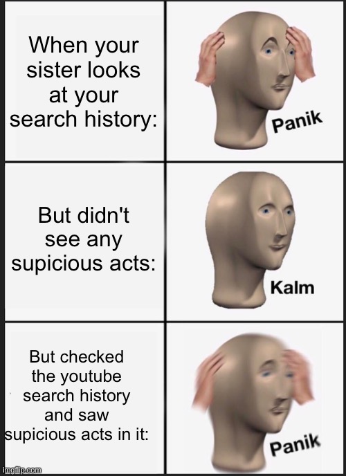 When my sister wants to look at my search history be like: |  When your sister looks at your search history:; But didn't see any supicious acts:; But checked the youtube search history and saw supicious acts in it: | image tagged in memes,panik kalm panik,search history | made w/ Imgflip meme maker