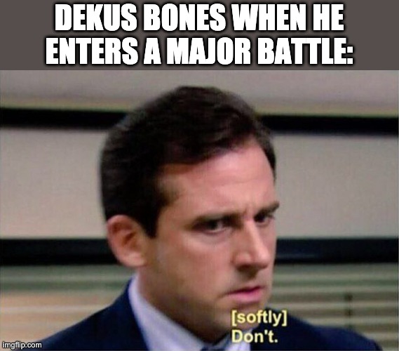Deku's bones | DEKUS BONES WHEN HE ENTERS A MAJOR BATTLE: | image tagged in michael scott don't softly | made w/ Imgflip meme maker