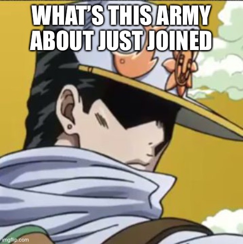 Anyone know what this army is about | WHAT’S THIS ARMY ABOUT JUST JOINED | image tagged in jotaro rly | made w/ Imgflip meme maker