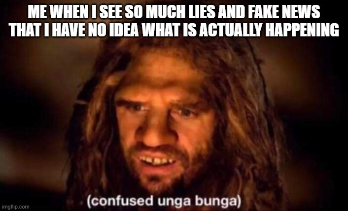 Confused Unga Bunga | ME WHEN I SEE SO MUCH LIES AND FAKE NEWS THAT I HAVE NO IDEA WHAT IS ACTUALLY HAPPENING | image tagged in confused unga bunga | made w/ Imgflip meme maker