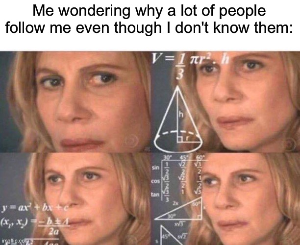 I dunno man | Me wondering why a lot of people follow me even though I don't know them: | image tagged in math lady/confused lady | made w/ Imgflip meme maker