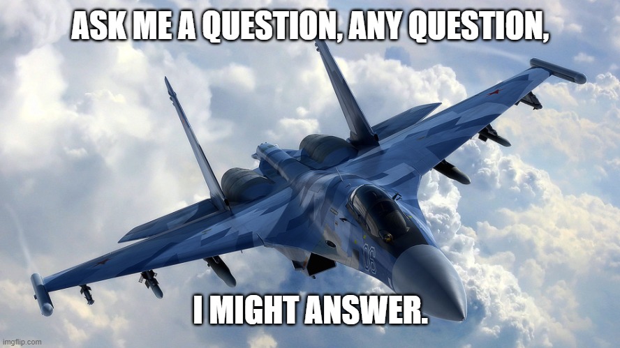[Q&A] [1] | ASK ME A QUESTION, ANY QUESTION, I MIGHT ANSWER. | image tagged in fighter jet,question,answer | made w/ Imgflip meme maker