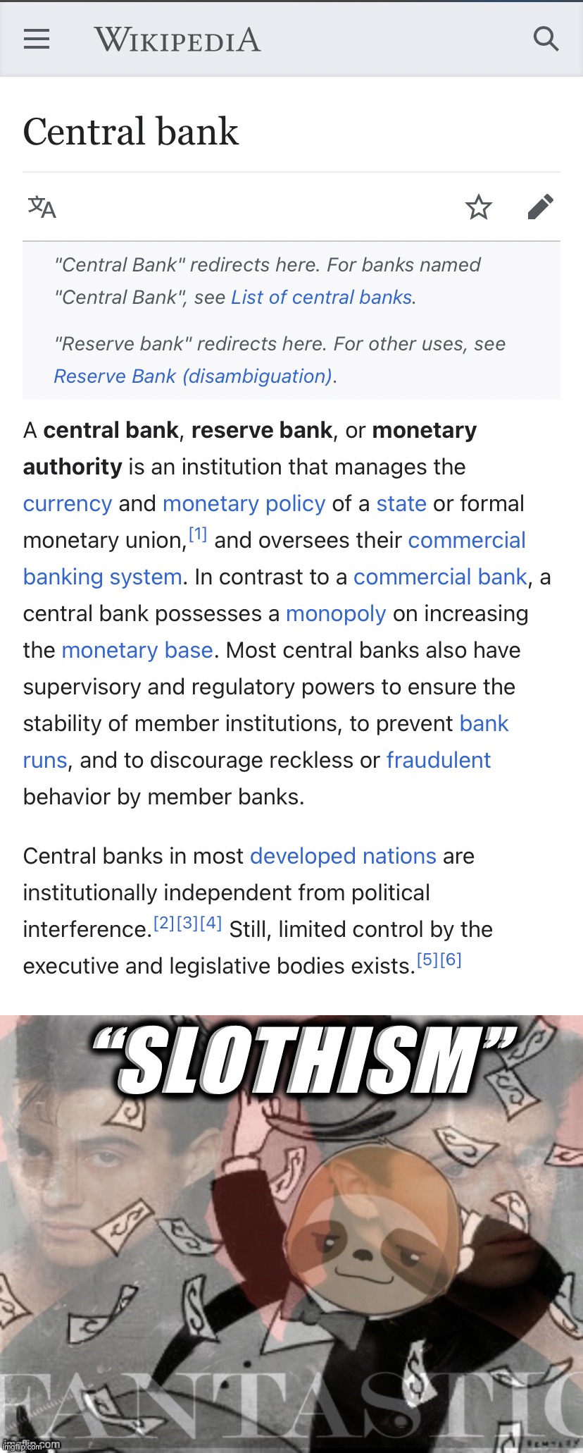 “SLOTHISM” | image tagged in central bank wikipedia definition,sloth banker fantastic | made w/ Imgflip meme maker