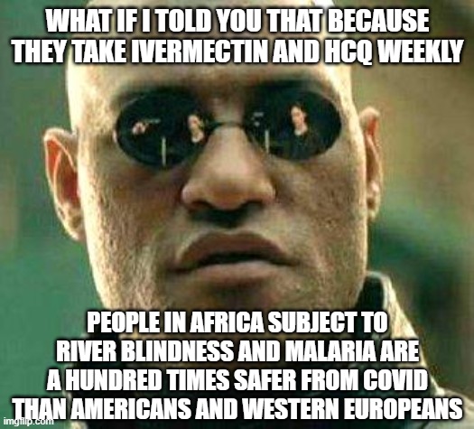 What if i told you | WHAT IF I TOLD YOU THAT BECAUSE THEY TAKE IVERMECTIN AND HCQ WEEKLY; PEOPLE IN AFRICA SUBJECT TO RIVER BLINDNESS AND MALARIA ARE A HUNDRED TIMES SAFER FROM COVID THAN AMERICANS AND WESTERN EUROPEANS | image tagged in what if i told you | made w/ Imgflip meme maker