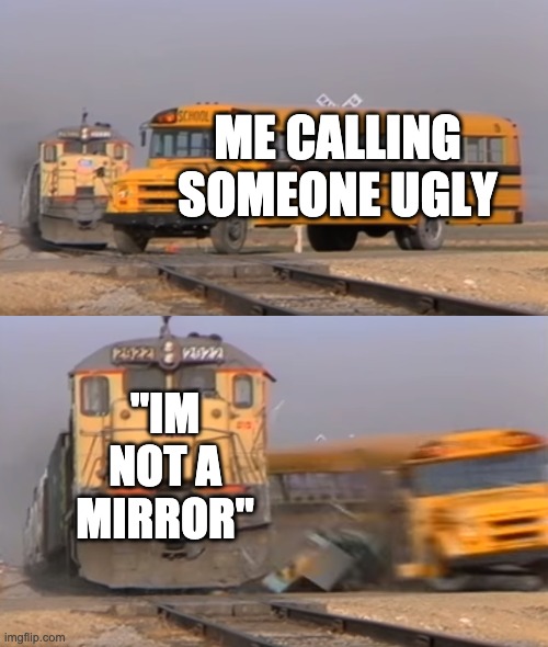 A train hitting a school bus | ME CALLING SOMEONE UGLY; "IM NOT A MIRROR" | image tagged in a train hitting a school bus | made w/ Imgflip meme maker