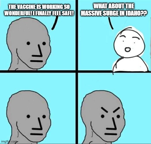 covid | THE VACCINE IS WORKING SO WONDERFUL! I FINALLY FEEL SAFE! WHAT ABOUT THE MASSIVE SURGE IN IDAHO?? | image tagged in npc meme | made w/ Imgflip meme maker