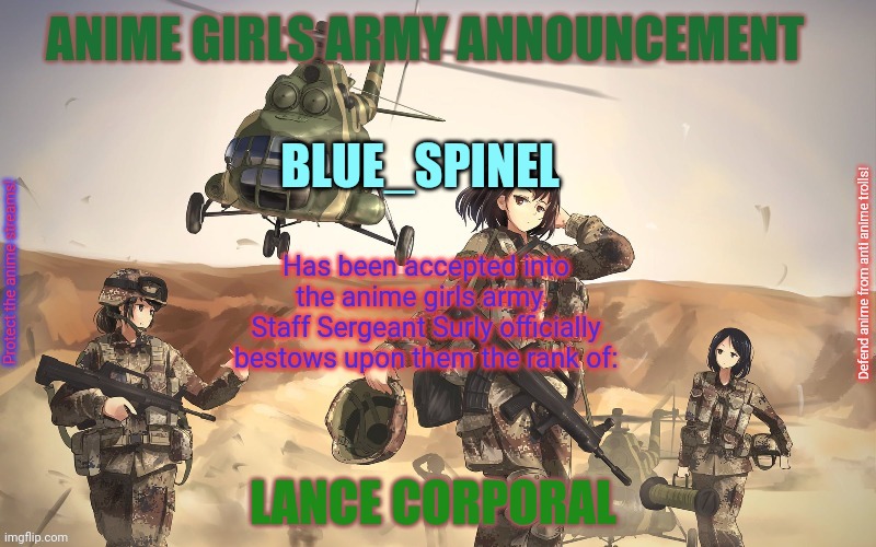 Anime Girls Army | BLUE_SPINEL LANCE CORPORAL | image tagged in anime girls army | made w/ Imgflip meme maker